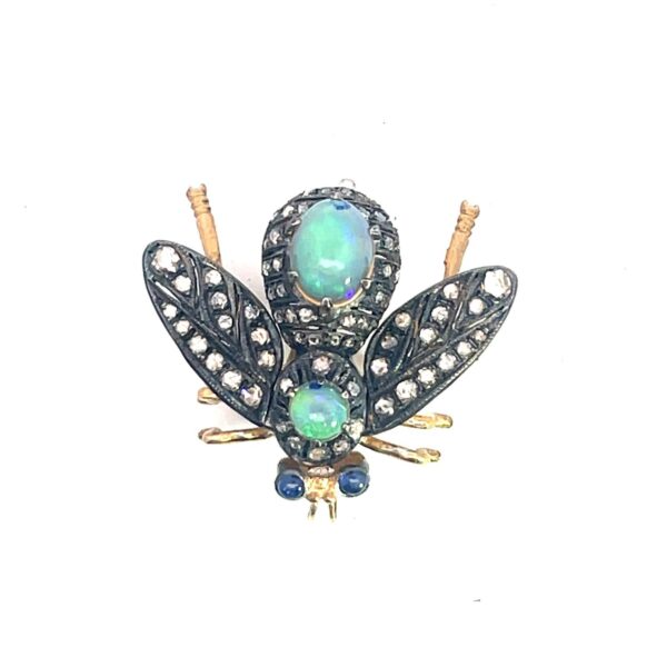Victorian Style Silver 9k Gold Brooch with Opal Diamond Sapphire Finalized