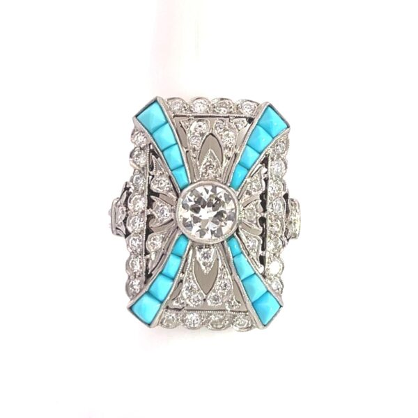 Platinum Art Deco Style Diamond Turquoise Ring