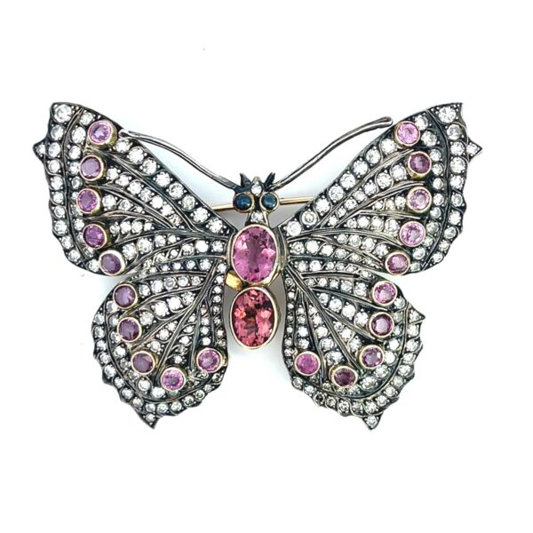 Silver & Gold Diamond Tourmaline Butterfly Brooch
