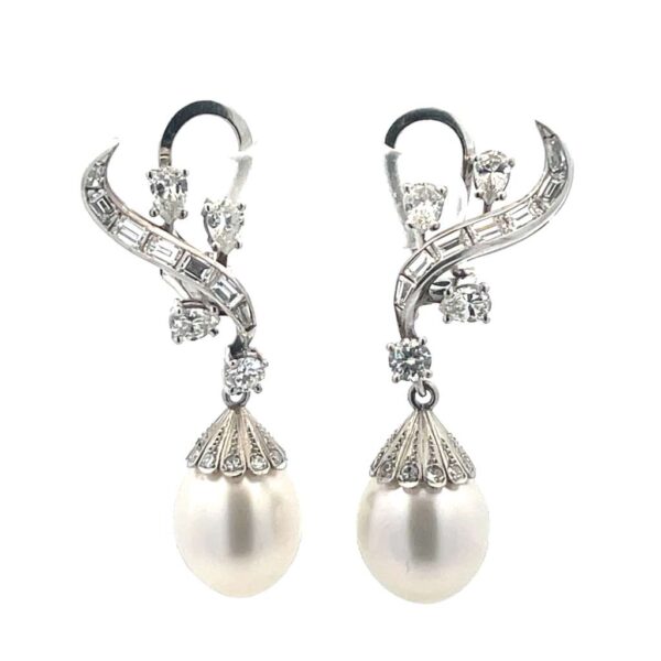 1950’s Platinum Pearl Diamond Dangle Earrings