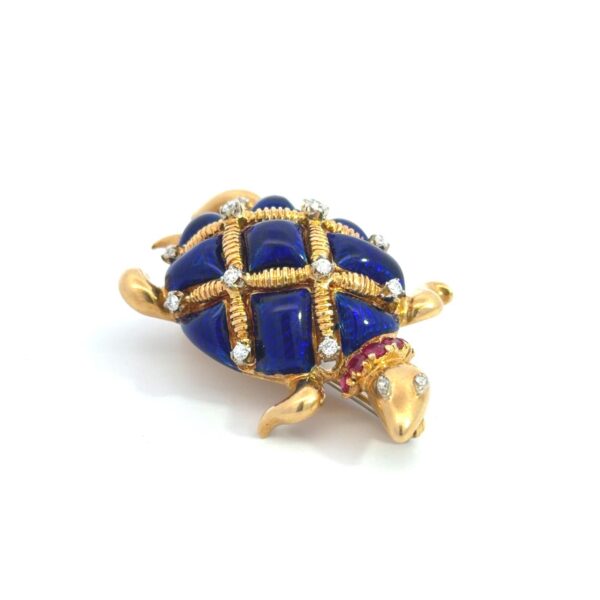 18k Gold Enamel Brooch with Diamond & Ruby 16.93g