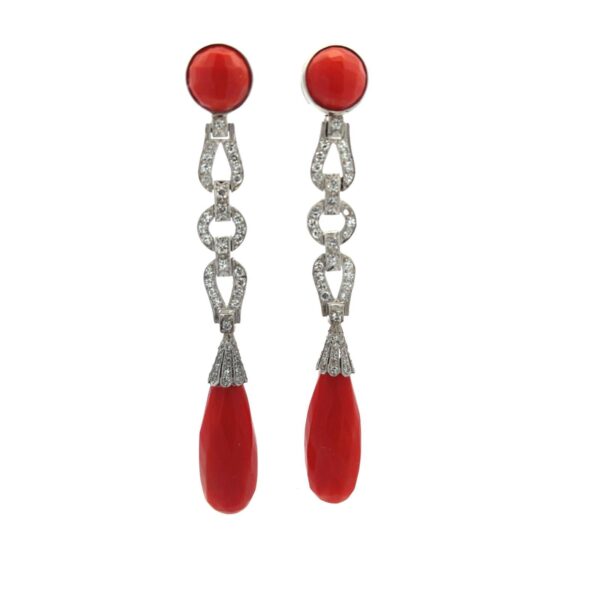 Art Deco Style Platinum Earrings with Red Coral and Diamonds