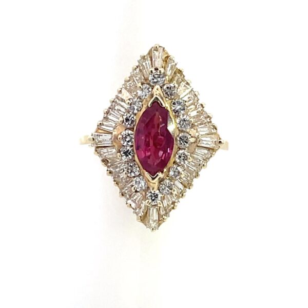 14K Gold Ring with Marquise Ruby & Baguette Diamonds