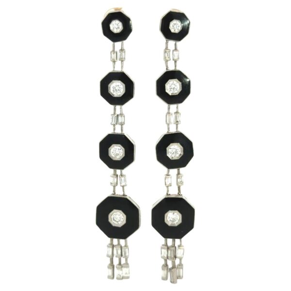 Art Deco Style Platinum Onyx Diamond Long Dangle Earring