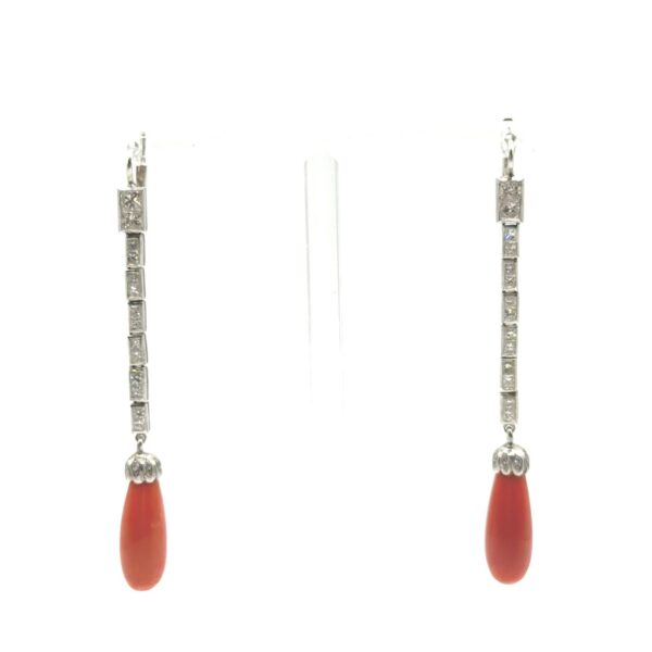 Platinum Dangle Earrings with Red Coral and Princess Cut Diamonds