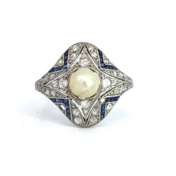 Art Deco Platinum Pearl Diamond Sapphire Ring