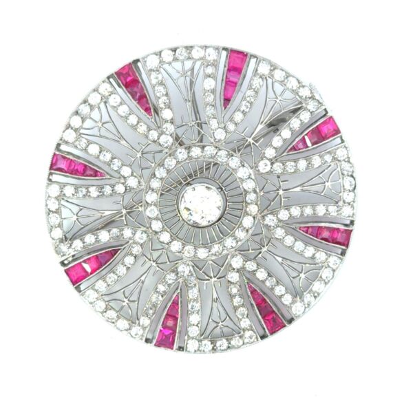 Art Deco Platinum Diamond Ruby Round Brooch
