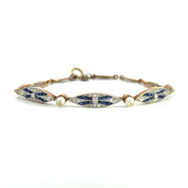 18k Gold & Platinum Art Deco Diamond Sapphire Pearl Bracelet