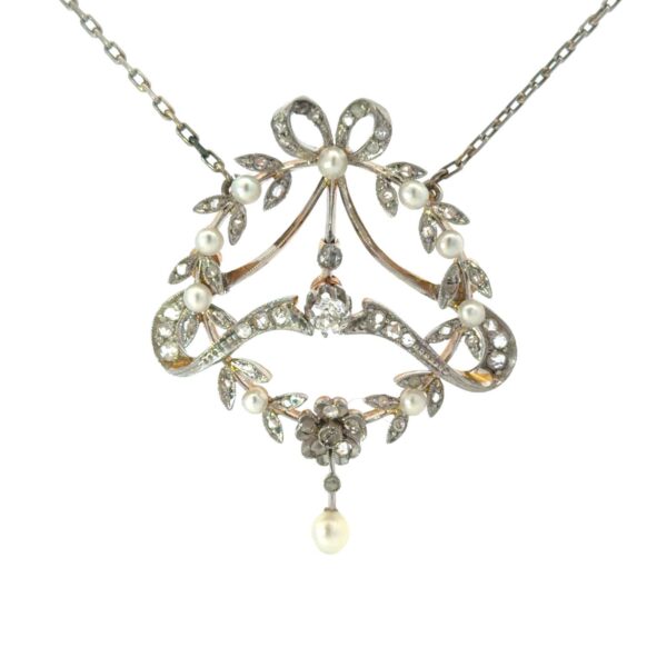 Edwardian 18k Gold and Platinum Diamond and Pearl Pendant